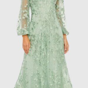 Mac Duggal Puff Sleeve A-Line Embroidered Gown Sage Plus Size 16